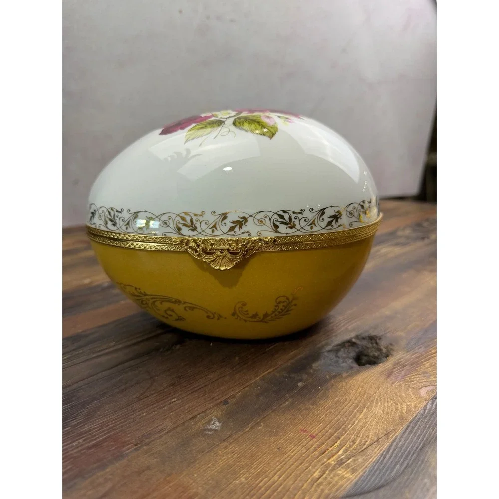 Artoria Limoges France Porcelain Egg Trinket Box Yellow Pink Roses Gold Filigree